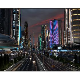 3D Future City. Night. Main Street